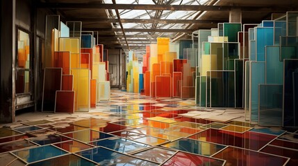 Parches brillantes de materiales de construcciÃ³n hÃ¡bilmente ensamblados en un Ãºnico bodegÃ³n en el que cada elemento destaca por su forma y color, creando una impresiÃ³n visual armoniosa