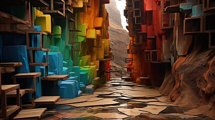 Parches brillantes de materiales de construcciÃ³n hÃ¡bilmente ensamblados en un Ãºnico bodegÃ³n en el que cada elemento destaca por su forma y color, creando una impresiÃ³n visual armoniosa