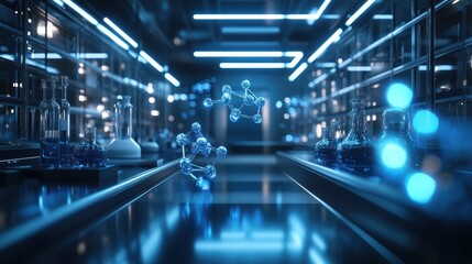 Obraz premium Futuristic laboratory interior with glowing molecules.