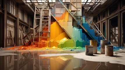 Parches brillantes de materiales de construcciÃ³n hÃ¡bilmente ensamblados en un Ãºnico bodegÃ³n en el que cada elemento destaca por su forma y color, creando una impresiÃ³n visual armoniosa