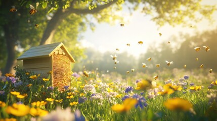 Obraz premium Honeybees buzzing around a beehive in a vibrant flower meadow bathed in sunlight.