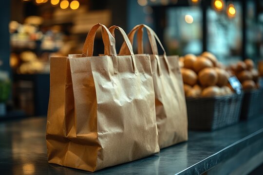 Three brown paper bags sit on a counter, surrounded by fresh bread in a warm bakery setting. Generative AI