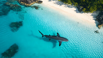 Aerial shot of a shark near the shoreline in bright turquoise waters. Shoreline. Illustration