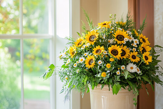 Beautiful sunflower and daisy floral decor for a cozy living room