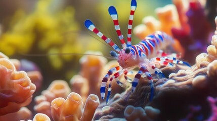 Vibrant striped shrimp on coral reef. generative ai