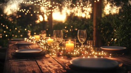 Romantic outdoor dinner party setting at sunset with fairy lights and candles on a rustic wooden table.