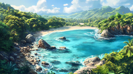 Fototapeta premium Aerial view of vibrant tropical coastline with crystal clear turquoise waters and lush green foliage along rocky shore. Shoreline. Illustration
