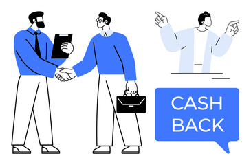 Two businessmen shaking hands, one holding a briefcase and another a clipboard, receiving guidance from a third figure pointing. Ideal for business deals, collaboration, agreement, success