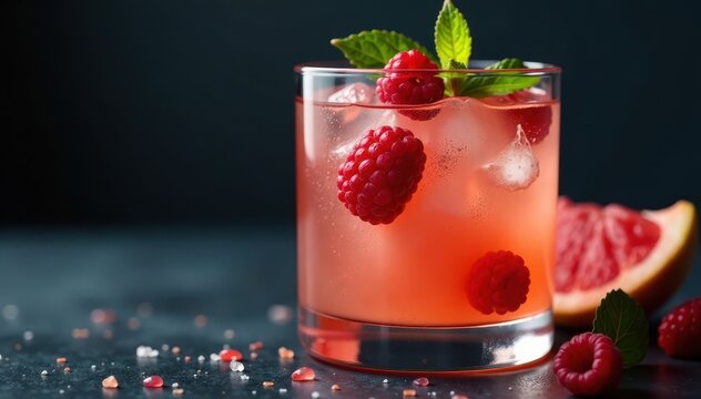 Close-up of grapefruit and raspberry in a glass of gin tonic on dark surface, gin tonic, beverage, citrus