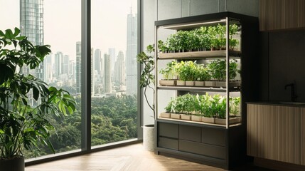 Fototapeta premium Urban Oasis: Cinematic View of Sustainable Indoor Farm in Modern Apartment