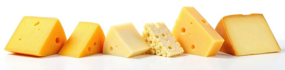 Cutout of various cheeses on white background parmesan selection cheddar
