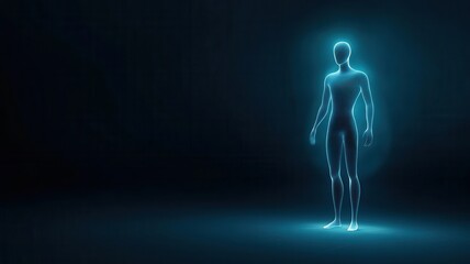 Fototapeta premium Artificial Intelligence Chatbot Concept. A glowing humanoid figure stands in a dark, futuristic space.