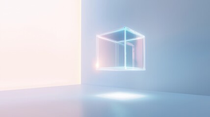 Artificial Intelligence Chatbot Concept. Floating translucent cube in a minimalistic, illuminated space.