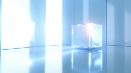 Artificial Intelligence Chatbot Concept. A glowing transparent cube illuminated in a bright, futuristic setting.