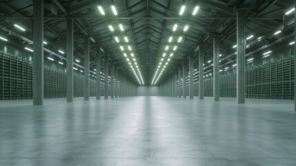 Fototapeta premium Futuristic Indoor Vertical Farming in Renovated Warehouse with Aligned Racks - Cinematic and Ultramodern Agricultural Scene
