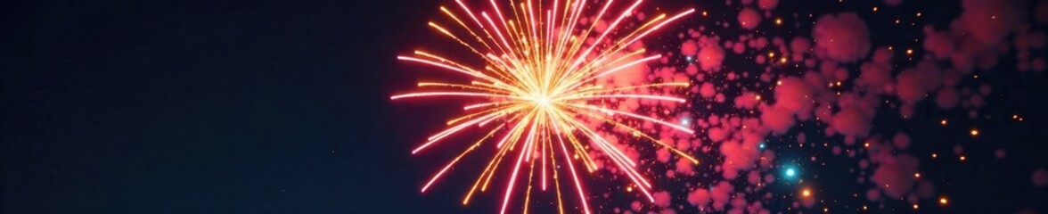 Firework explodes in mid-air with vibrant colors and patterns spreading outwards from a central point, explosive pattern, aerial burst