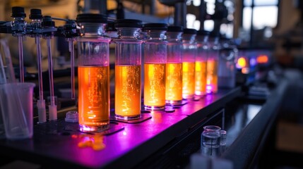 Illuminated amber liquid samples in lab testing equipment.