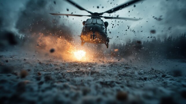 A helicopter hovers dynamically above an explosion, sending debris flying in dramatic fashion, capturing a moment of intense action in a seemingly chaotic battlefield.
