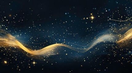 Abstract background with gold stars, particles and sparkling on navy blue. Christmas Golden light shine particles bokeh on navy blue background. 2024 New year background. Gold foil texture.