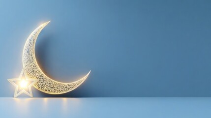 A glowing crescent moon and star on a blue background.