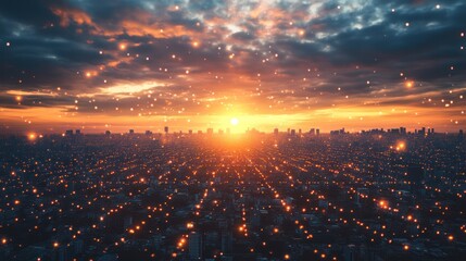Cityscape at sunrise with glowing particles.