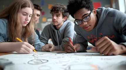 Teenagers Collaboratively Create a Group Drawing Project