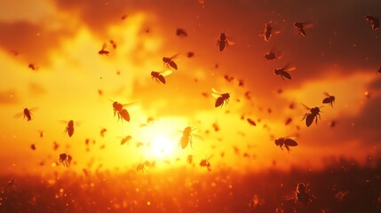 Honeybees swarming at sunset over a field.