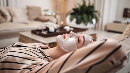 Face mask beauty treatment in salon relaxing. A woman with facemask in spa with pajama.