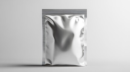 Silver foil pouch mockup on white background.