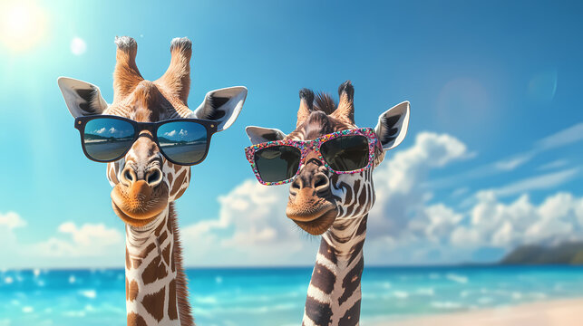 A giraffe and a zebra wearing sunglasses posing for selfies on a sunny shoreline. Shoreline. Illustration