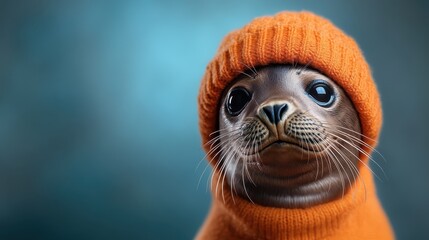 A seal, snug in an orange knit hat, showcases a cute and charming pose, reflecting warmth and sensitivity against a softly blurred background.
