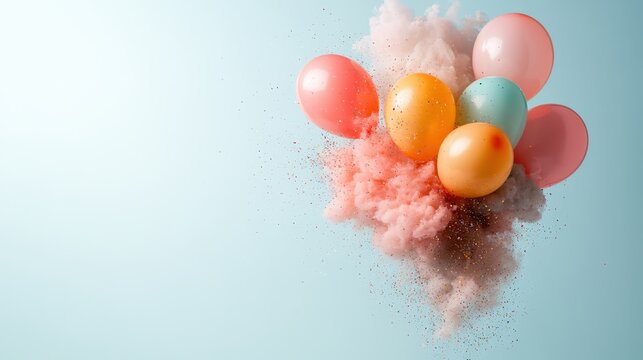 Vibrant image of balloons bursting with colorful powder, creating a dynamic explosion of colors that exudes joy, celebration, and the essence of childhood fun and spontaneity.