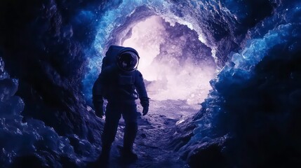 Fototapeta premium Astronaut exploring a glowing ice cave, mysterious and adventurous scene.