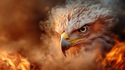 The fierce gaze of an eagle is highlighted against a background of fire and smoke, showcasing the powerful connection between wildlife and the raw forces of nature.