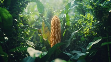 Ripe corn cob in lush green field. - obrazy, fototapety, plakaty