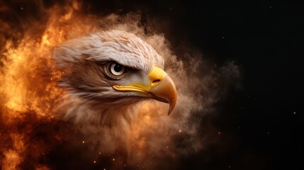 A striking profile of an eagle set against dramatic flames and smoke draws a connection between animal beauty and elemental forces, conveying a message of strength and resilience.