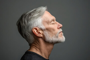 Close-up side profile of a mature man with silver hair and a beard, eyes closed, expressing calmness and introspection against a neutral background.
