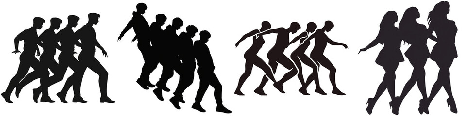 In Row Dance Run in Korea, Silhouettes of people in various poses, depicting movement and dance.