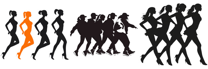 In Row Dance Run in Korea, A silhouette design featuring a standout figure in orange, contrasting with a group of darker silhouettes, suggesting individuality and movement.