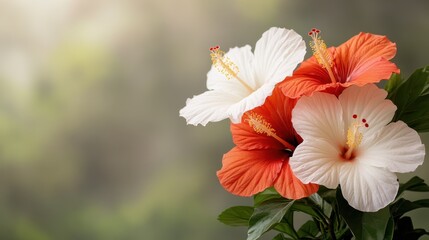 Fototapeta premium A captivating arrangement of vibrant hibiscus flowers showcases their stunning colors, surrounded by a soft, blurred background that enhances their beauty and delicacy.
