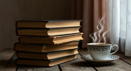 Naklejka premium A stack of books with a steaming cup of coffee on a rustic wooden table near a window