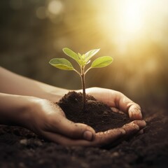 Mãos humanas segurando gentilmente um broto com terra fértil, representando sustentabilidade, natureza e esperança por um futuro mais verde.