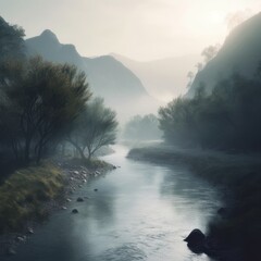 Uma paisagem serena com um rio tranquilo cercado por montanhas e árvores cobertas de neblina, criando uma atmosfera de calma e tranquilidade.