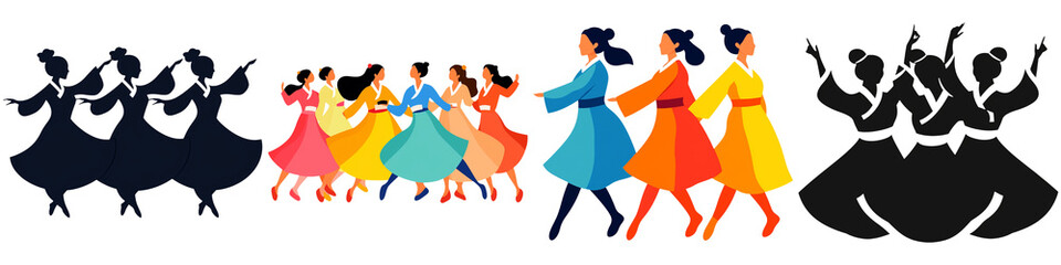 In Row Dance Run in Korea, A colorful group of dancers in traditional attire performing in motion, showcasing vibrant costumes and dynamic poses.