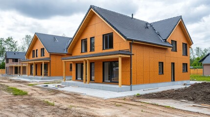 New construction, two-story modern homes with wood siding, gray roofs, and covered porches, under a cloudy sky.