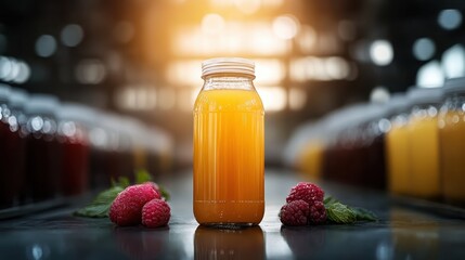 A vibrant juice bottle sits prominently, surrounded by fresh raspberries and mint, creating an...