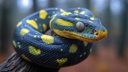 Fototapeta premium A snake with shimmering scales intricately coiling around tree branches, surrounded by leaves