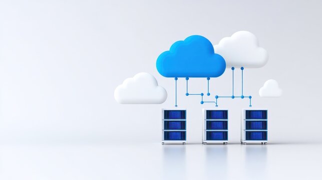 Cloud computing concept with servers and cloud icons.