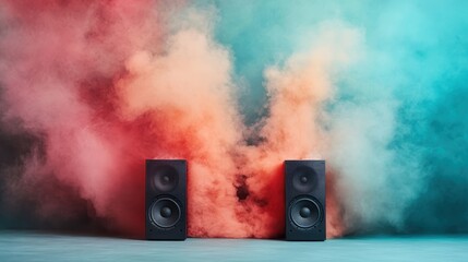 A pair of powerful sound system speakers emerge from a colorful smoke backdrop, creating a visually striking composition that captures the essence of music and sound.