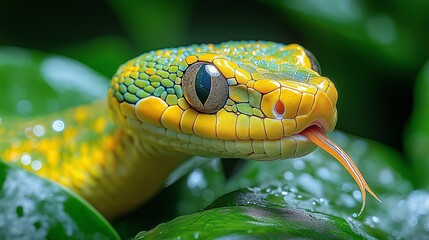 Obraz premium A vivid photo of a snakes head in motion, its tongue darting out, vibrant green jungle foliage